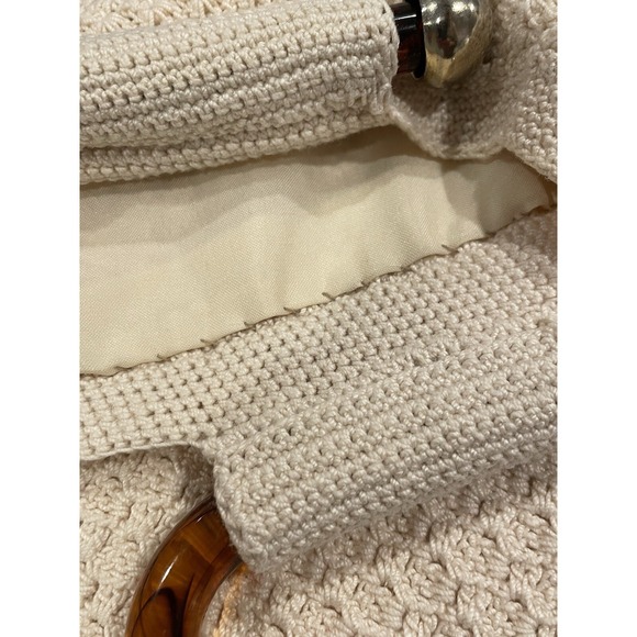 Vintage Crochet Purse Handbag Ivory Knit Brown Tortoise Lucite Handles Lined - Picture 7 of 10